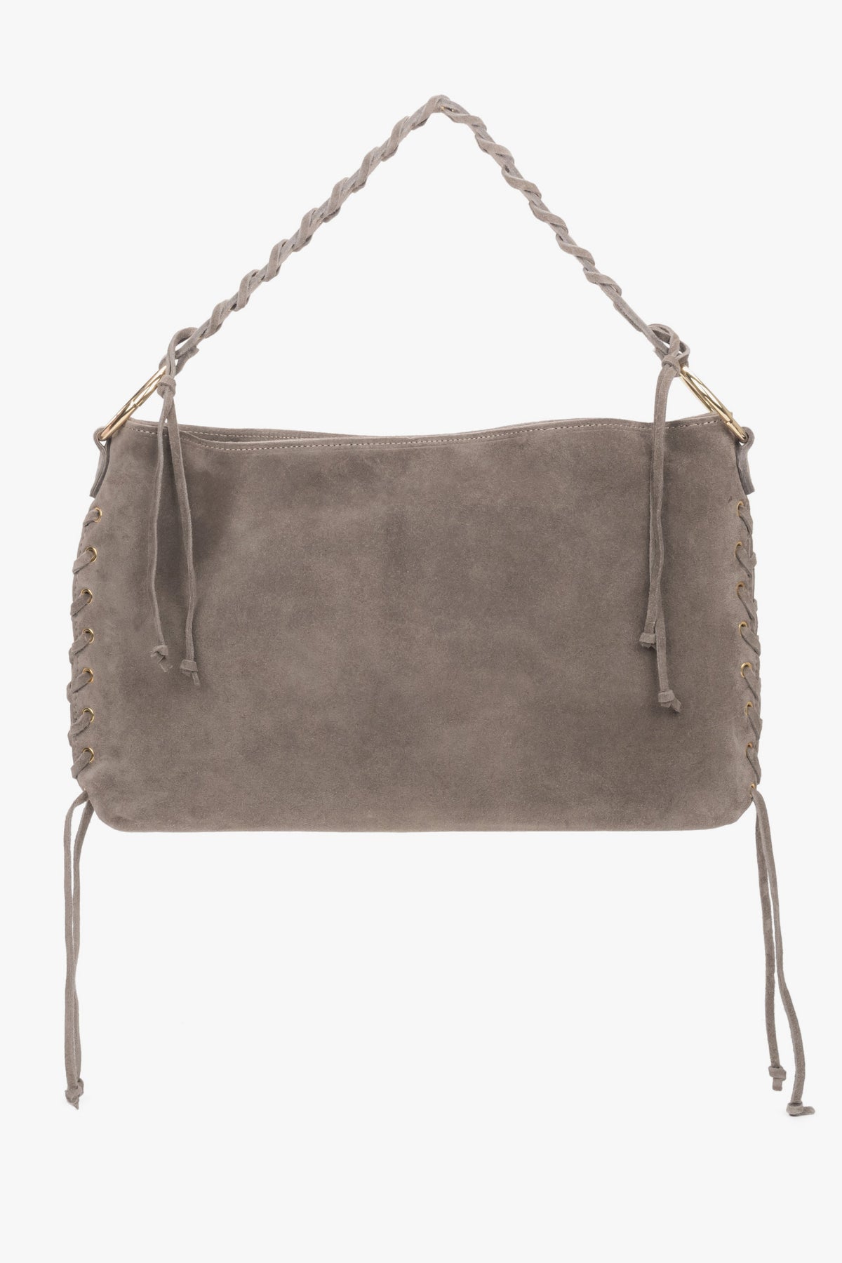 Frontale Ansicht der beigen Velours-Schultertasche mit geflochtenem Griff und dekorativen Kordeln im Boho-Stil 