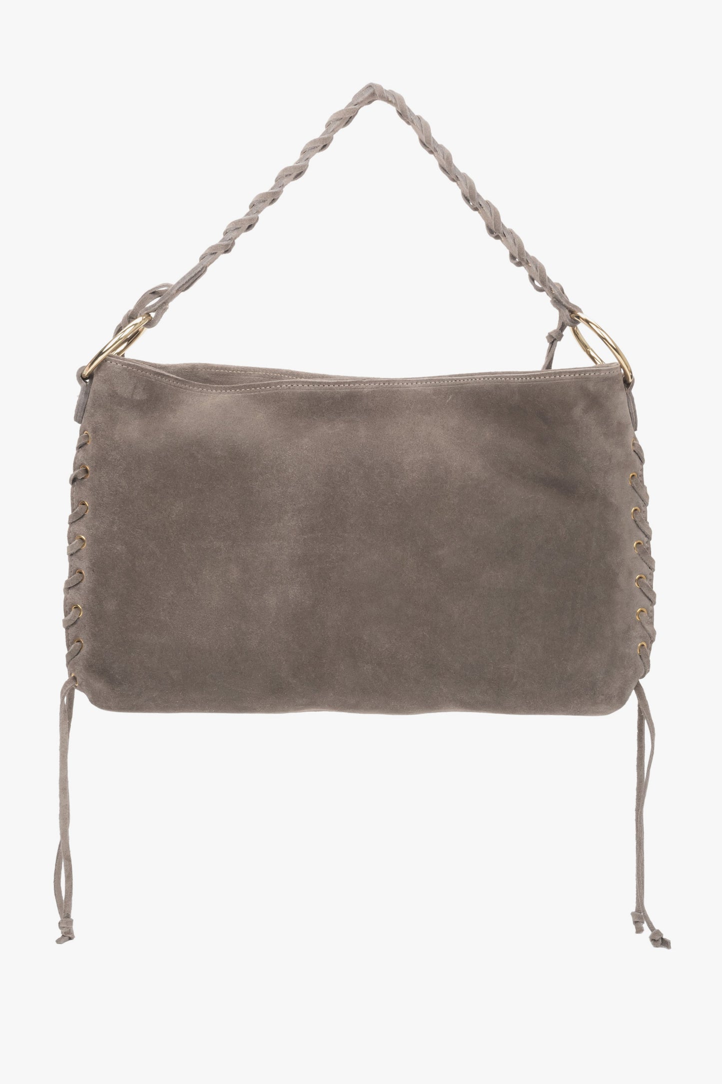 Flache Frontansicht der beigen Boho-Tasche mit dem angebrachten kurzen, glatten Lederriemen