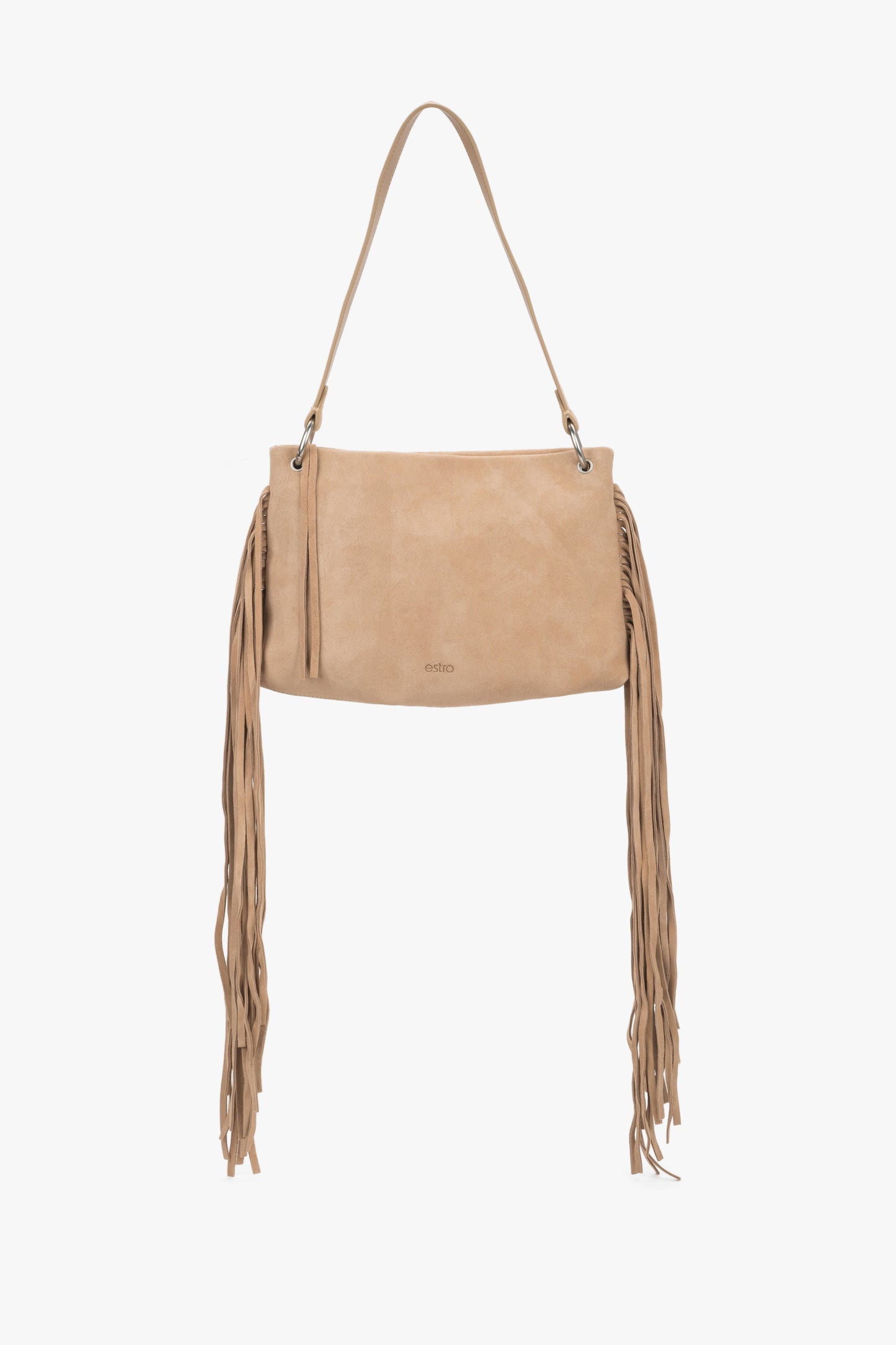 Seitenansicht der beigen Wildledertasche mit Fransen und Schultergurt