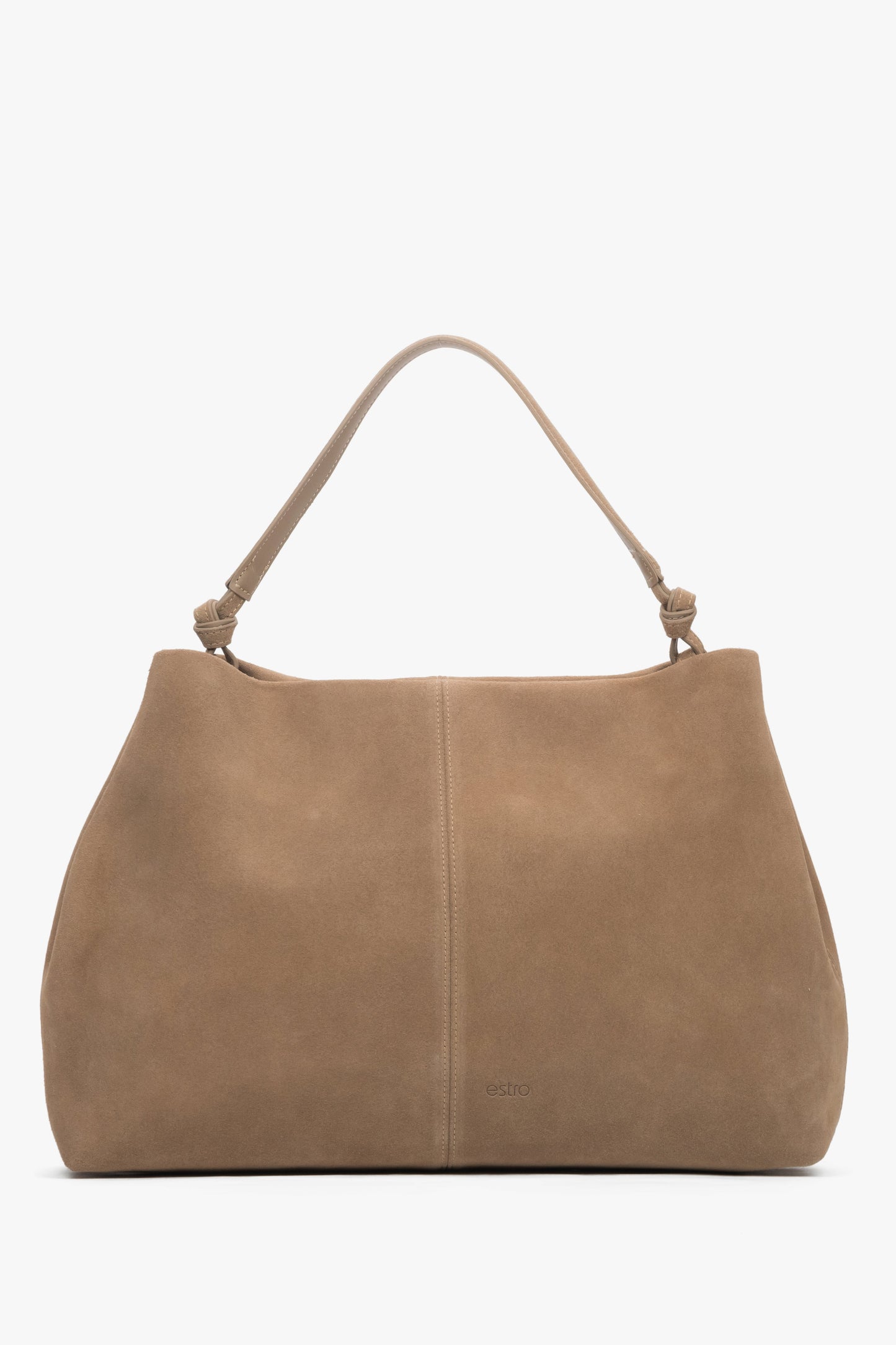 Frontalansicht der eleganten beigen Veloursledertasche von Estro.