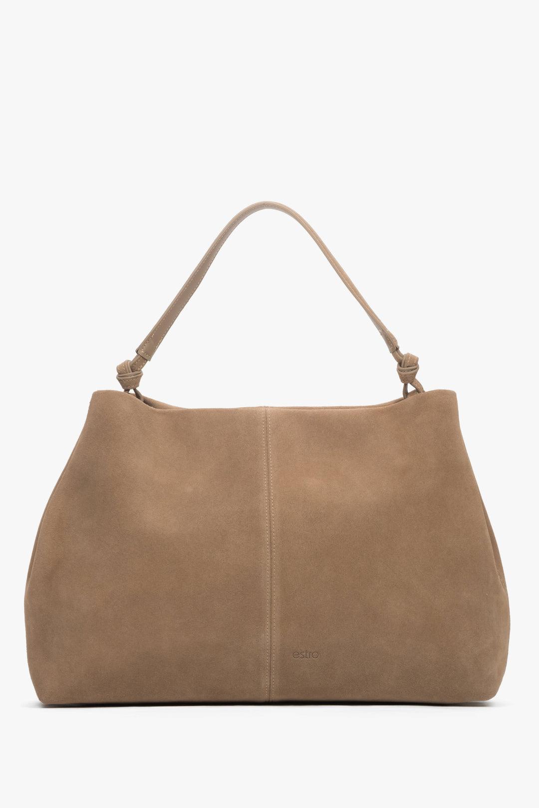 Frontalansicht der eleganten beigen Veloursledertasche von Estro.