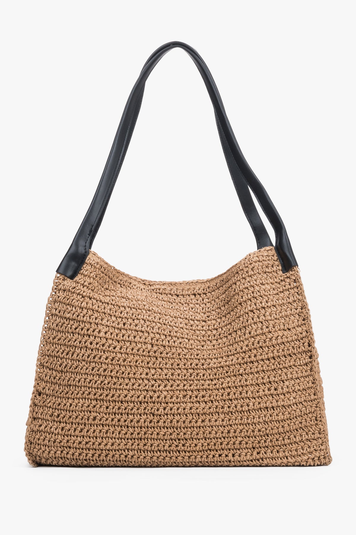 Beige Damen-Shopper-Tasche aus Stroh in Frontansicht mit verstärkten schwarzen Henkeln