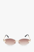 Frontansicht der braun-goldfarbenen ovalen rahmenlosen Damen-Sonnenbrille.