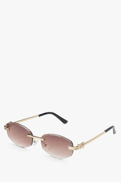 Schräge Ansicht der rahmenlosen Sonnenbrille mit edlen Bügeln aus Zinklegierung.