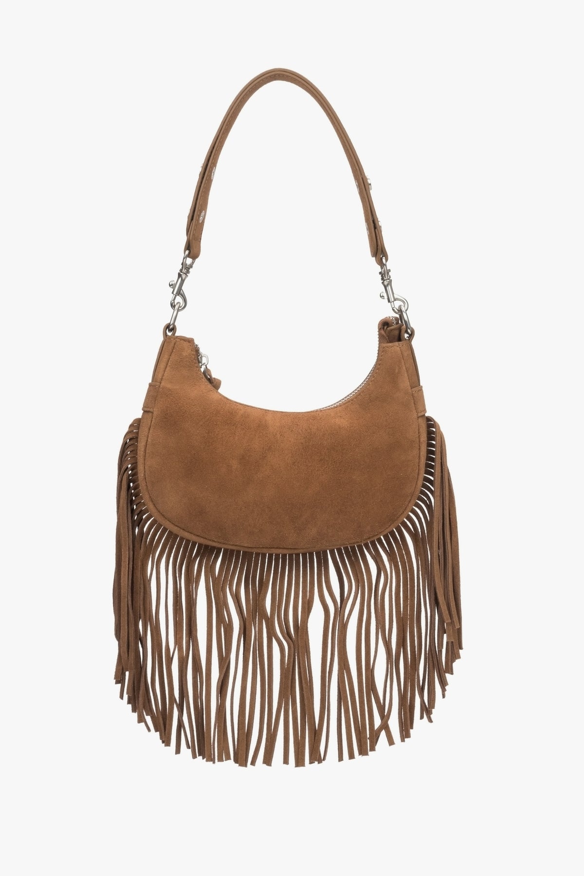 Braune Schultertasche für Damen aus Veloursleder mit Fransen.