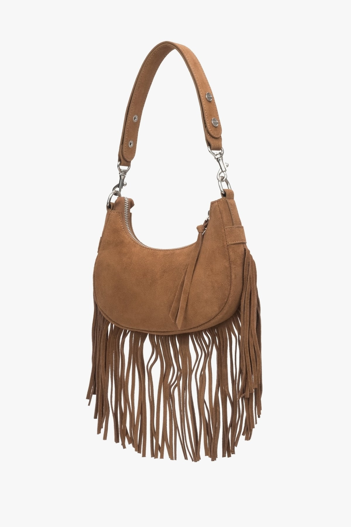 Handtasche aus echtem Veloursleder in Braun mit Fransen.