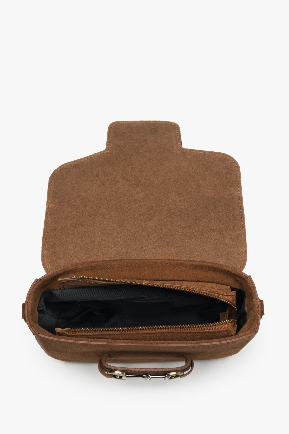 Draufsicht auf die geöffnete Tasche, die das Hauptfach und den sicheren Reißverschluss zeigt