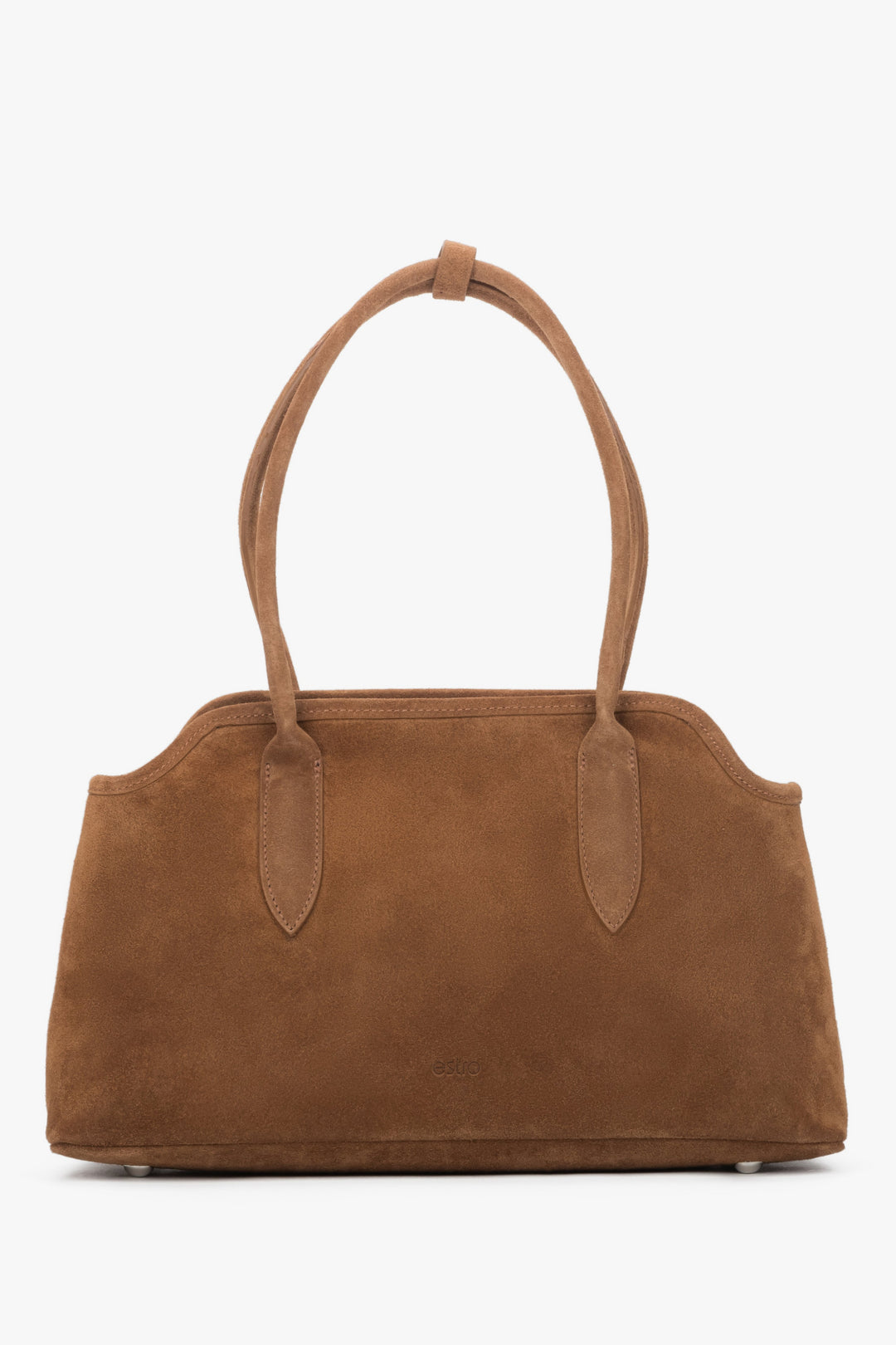 Frontansicht der eleganten braunen Velours-Schultertasche mit markanten langen Henkeln
