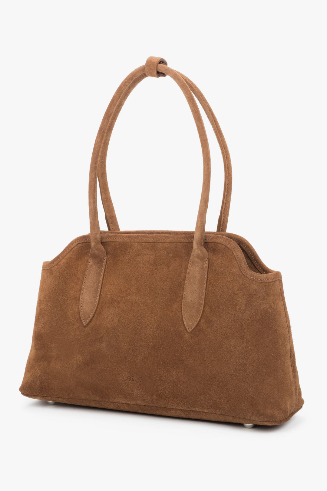 Schrägansicht der braunen Schultertasche aus italienischem Premium-Veloursleder