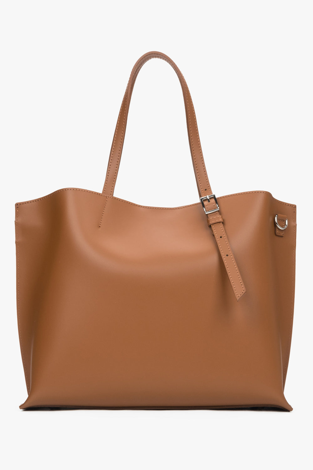 Flache Frontansicht der braunen Damen-Shopper-Tasche aus Echtleder 