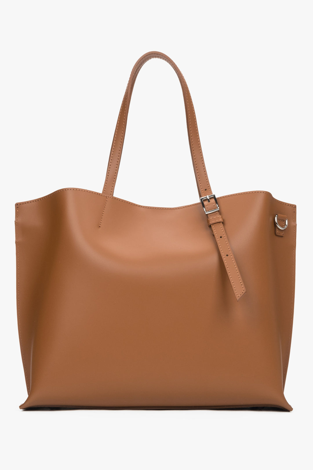 Flache Frontansicht der braunen Damen-Shopper-Tasche aus Echtleder 