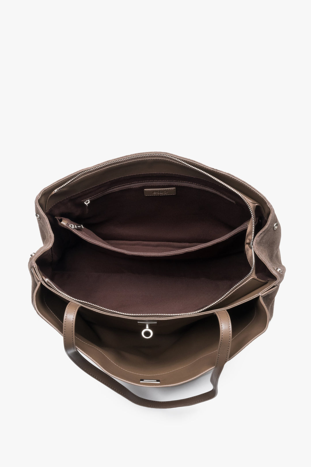 Braune Damen-Shopper-Tasche aus Veloursleder mit geöffnetem Innenraum