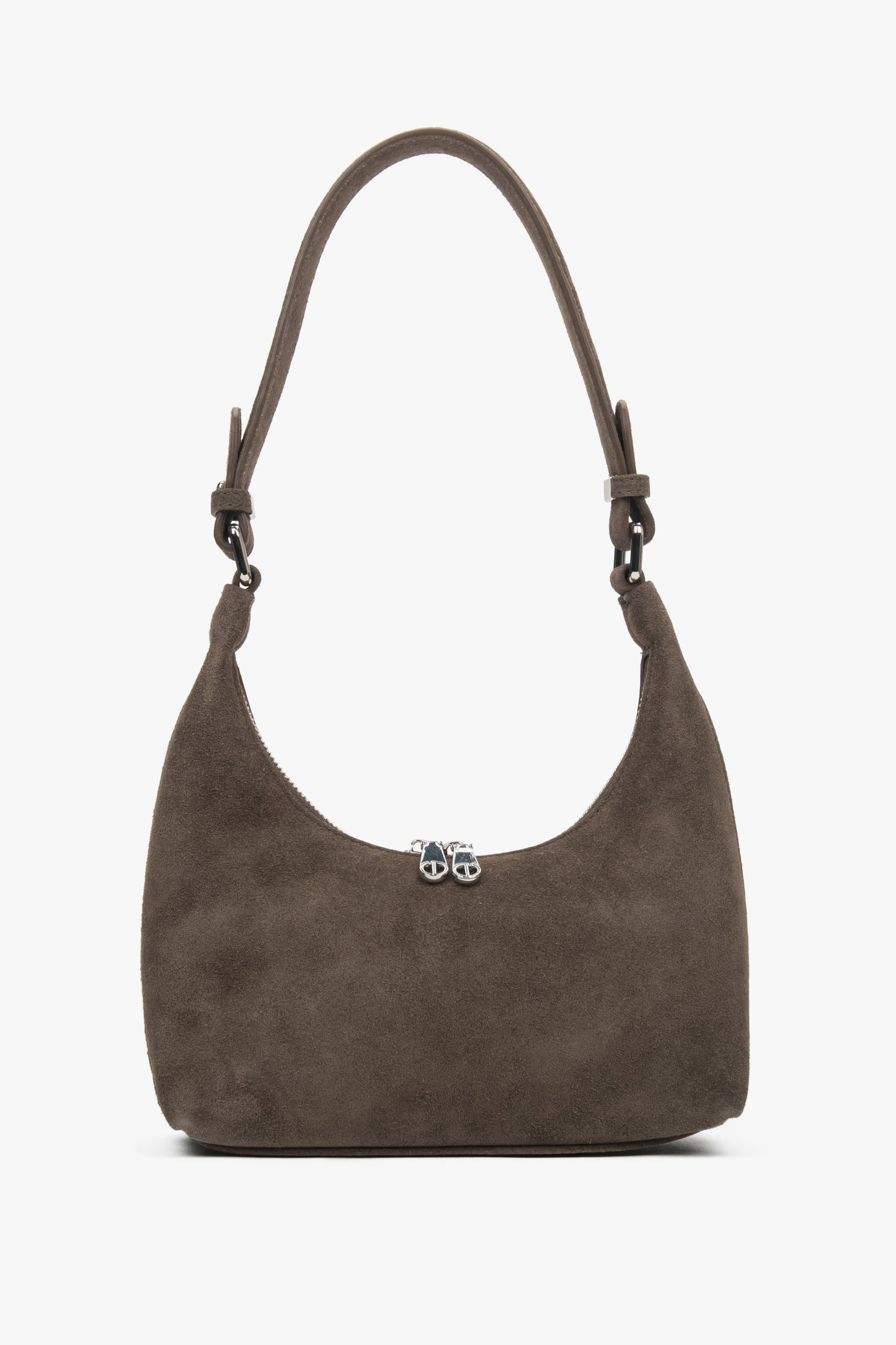 Frontale Ansicht der braunen Damen-Schultertasche aus Velours im angesagten Halbmond-Design