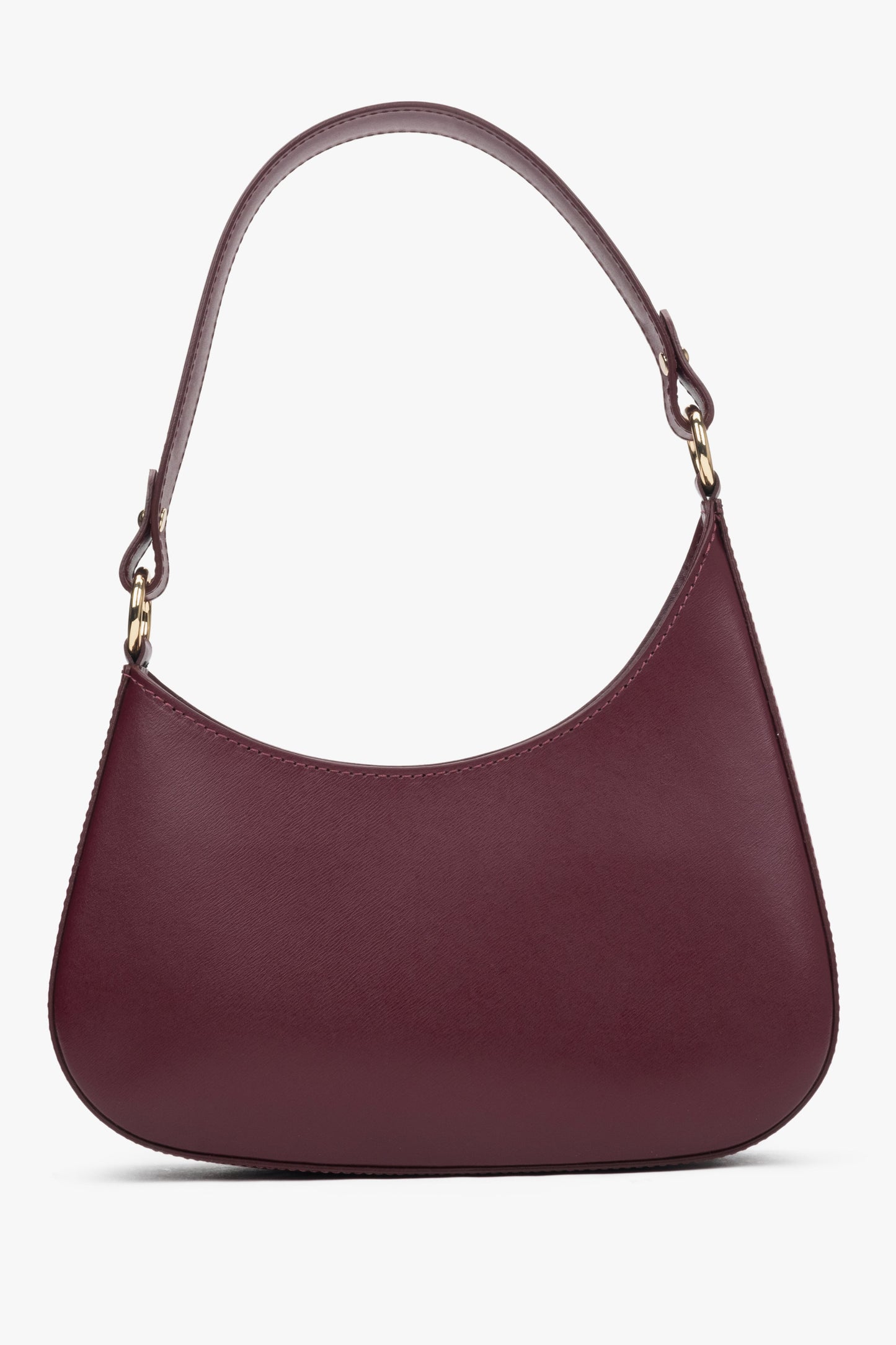 Frontale Ansicht der glatten, burgunderroten Ledertasche mit kurzem Riemen 