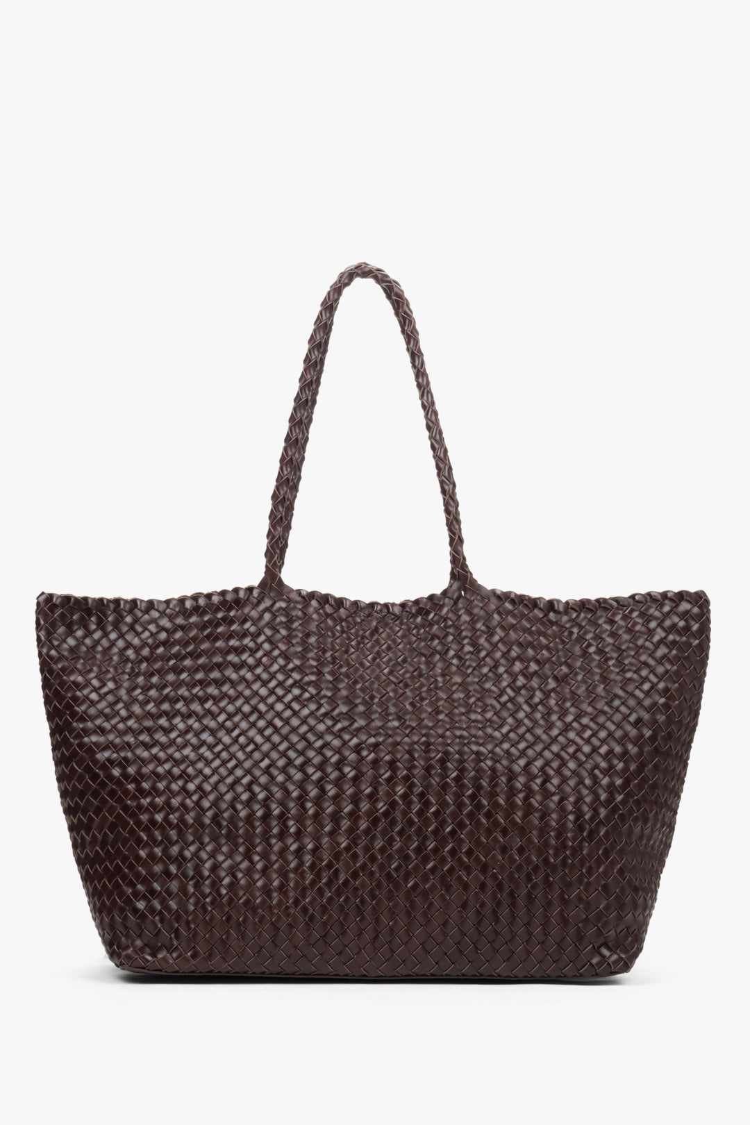Dunkelbraune Damen Shopper Tasche aus geflochtenem Echtleder mit langen Henkeln – Estro ER00118928