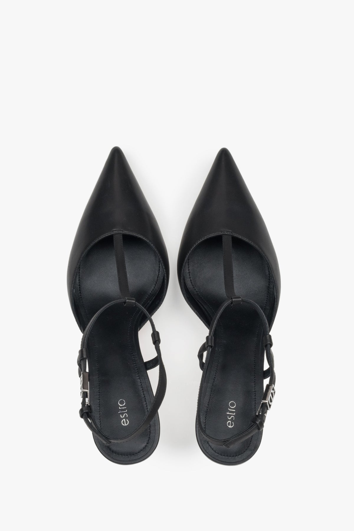 Estro Damen-Slingback-Pumps aus schwarzem Leder mit Stilettoabsatz.