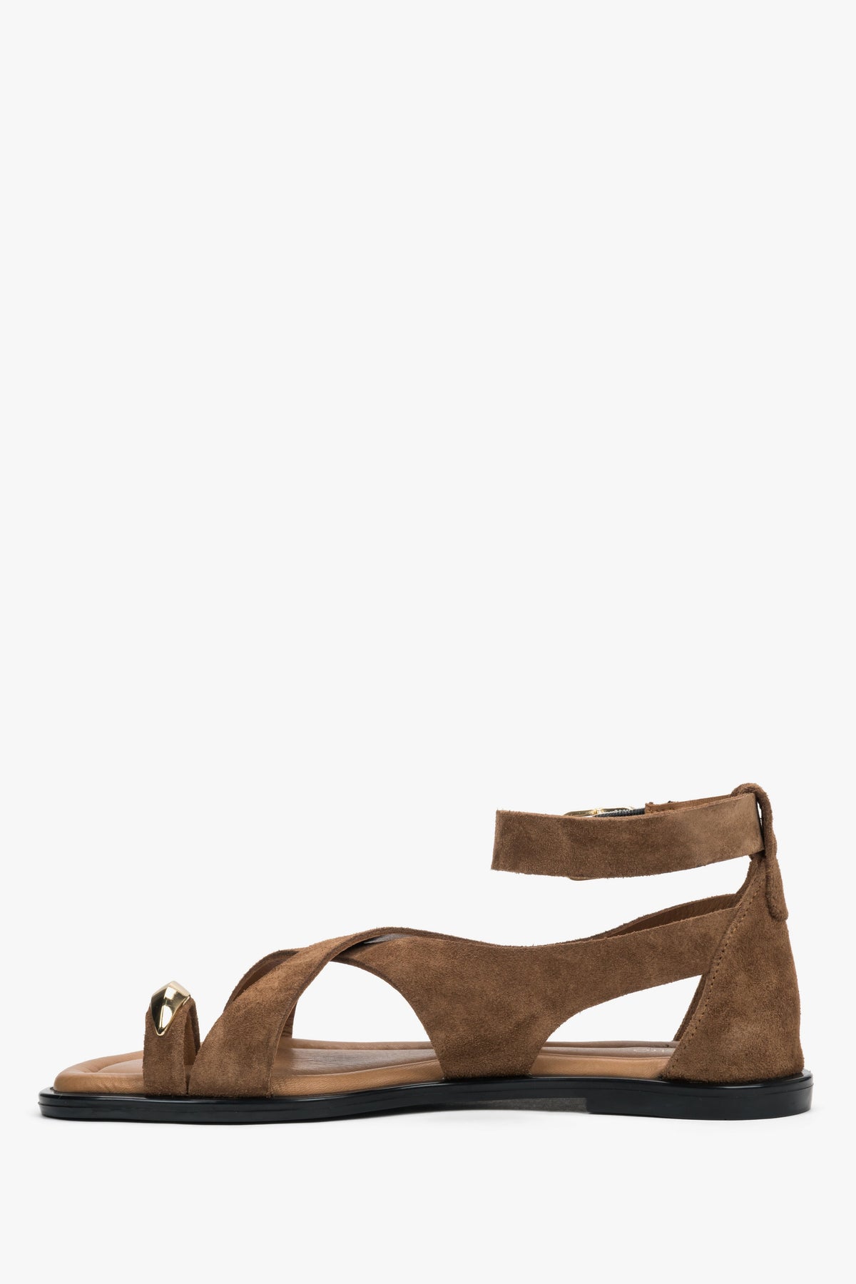 Dunkelbeige Damen-Sandalen aus Naturveloursleder in seitlicher Profilansicht