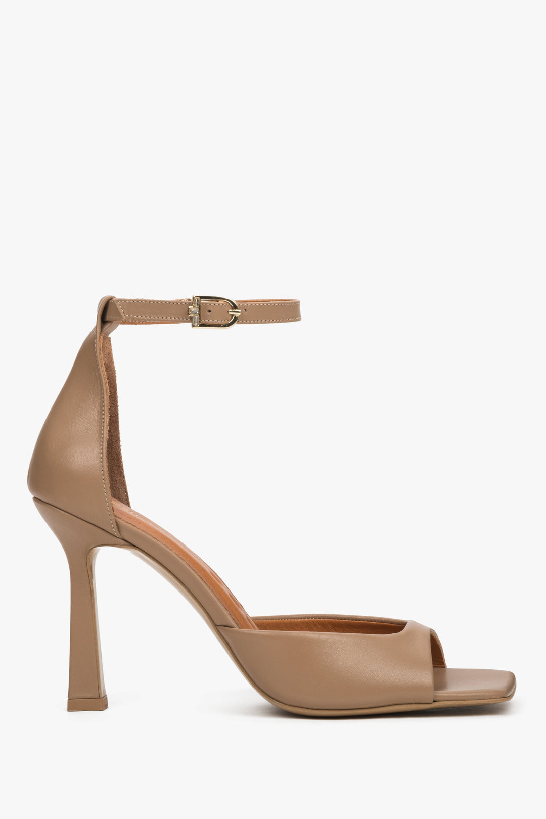 Dunkelbeige Damen-Sandalette aus echtem Leder in seitlicher Ansicht