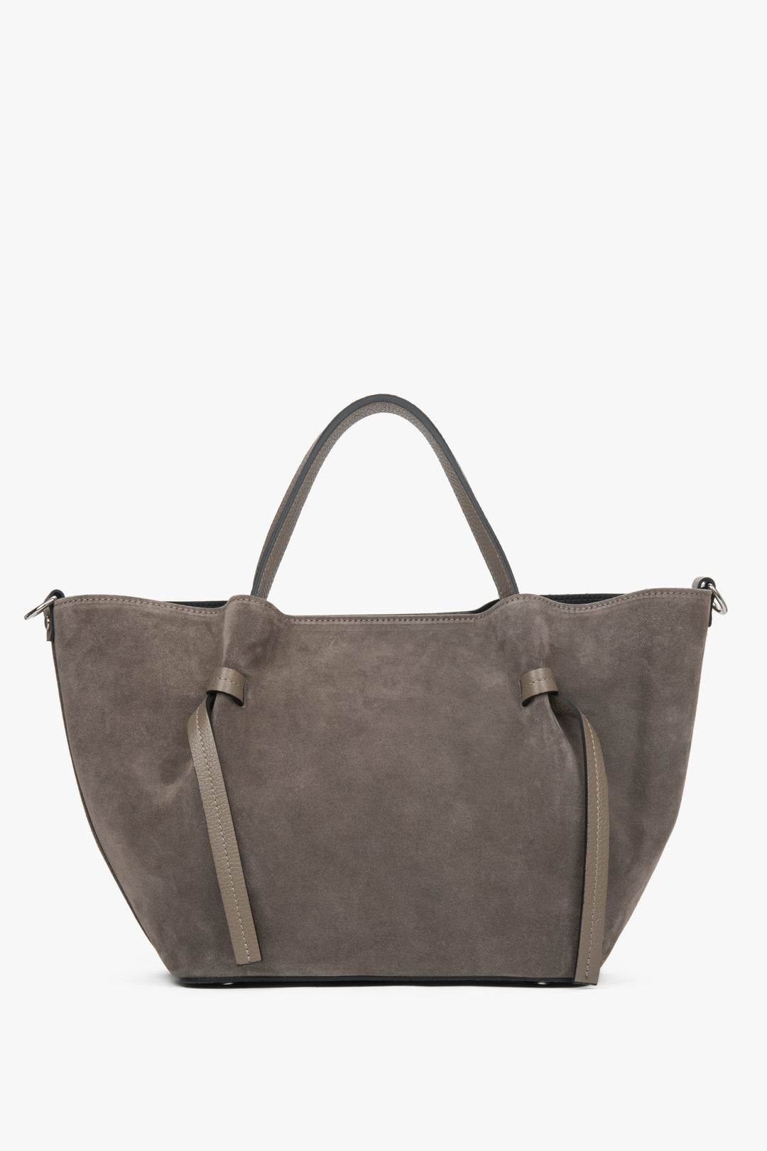 Frontale Ansicht der dunkelbeigen Velours-Tasche in eleganter Boot-Form