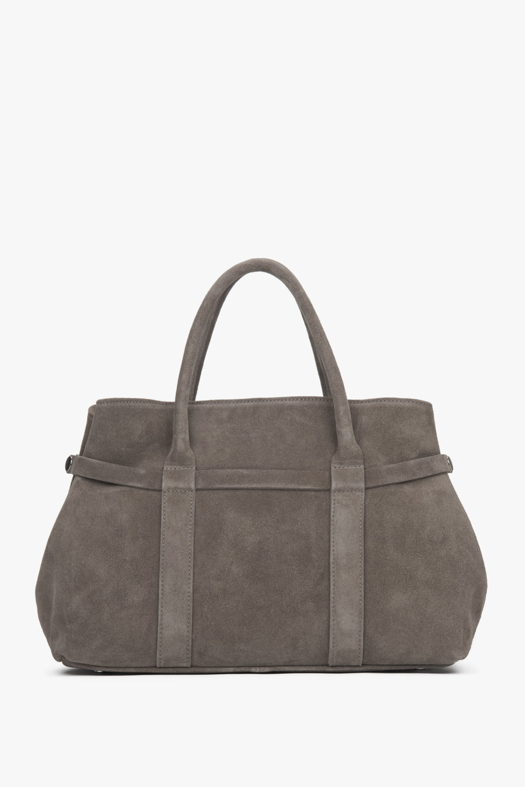Frontale Ansicht der dunkelbeige Shopper-Tote-Bag aus Naturvelours mit aufgestellten Griffen 