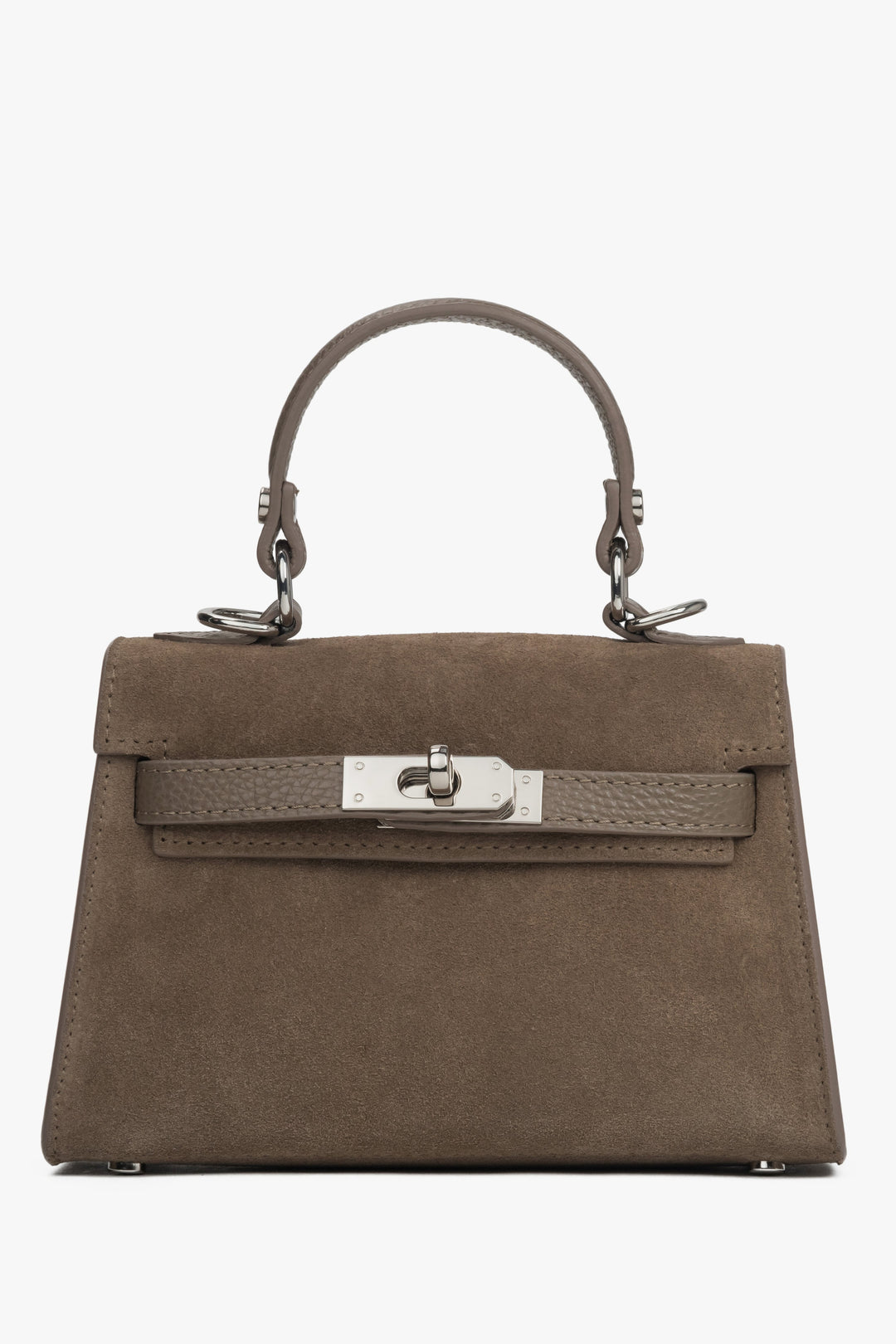 Frontansicht der eleganten dunkelbeigen Koffer-Handtasche mit silbernen Beschlägen