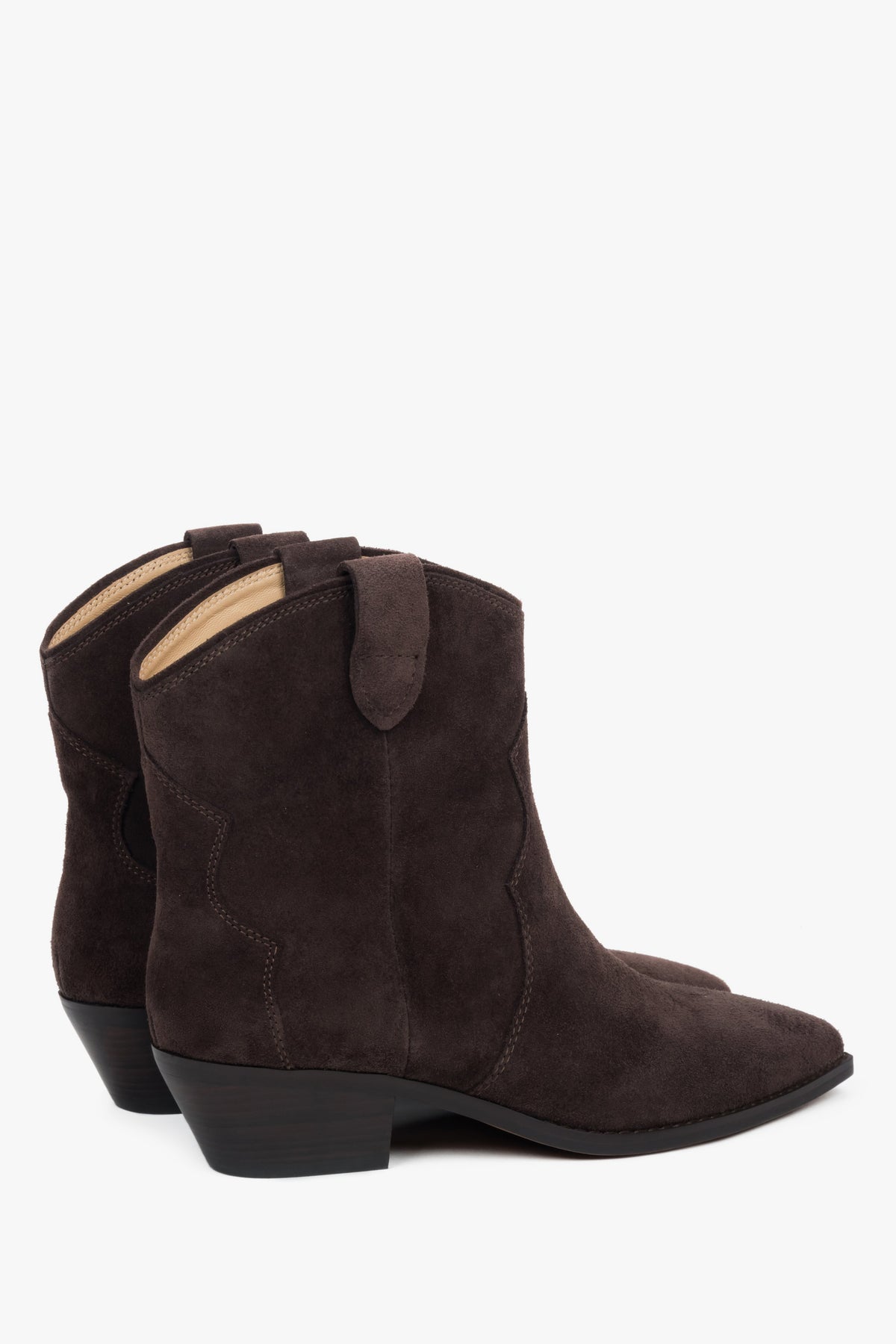 Dunkelbraune Damen-Stiefeletten im Western-Stil aus softem Natur-Velours.