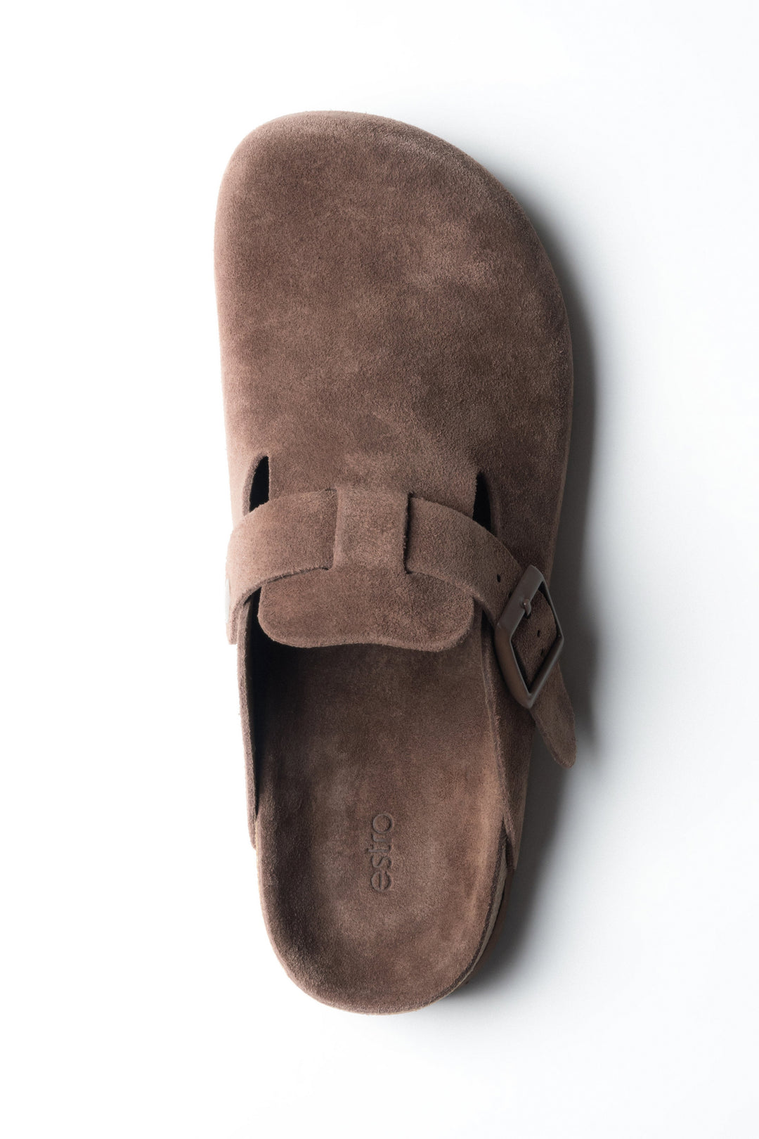 Draufsicht auf den einzelnen dunkelbraunen Velours-Clog mit Schnalle.