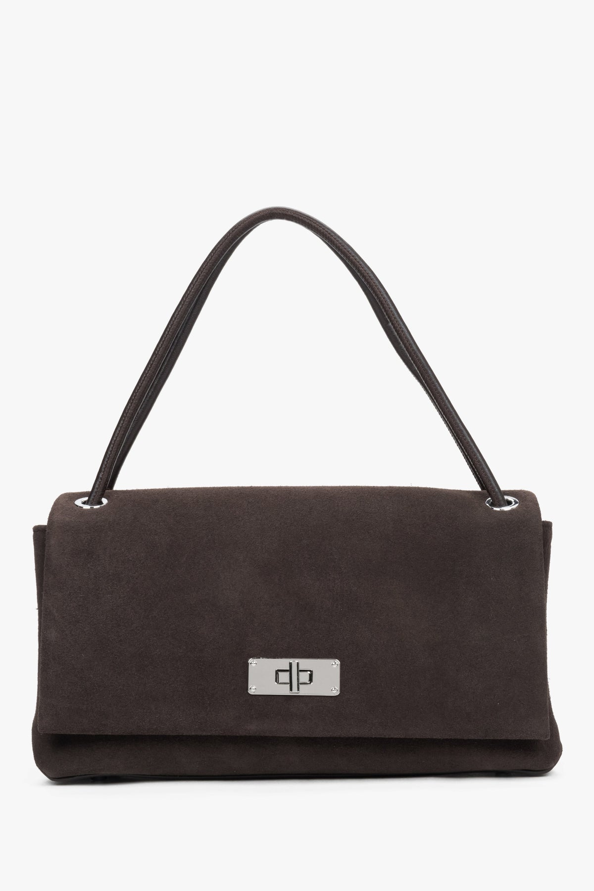 Dunkelbraune Damen-Crossbody-Bag aus echtem Velours in Frontansicht mit kurzem Henkel