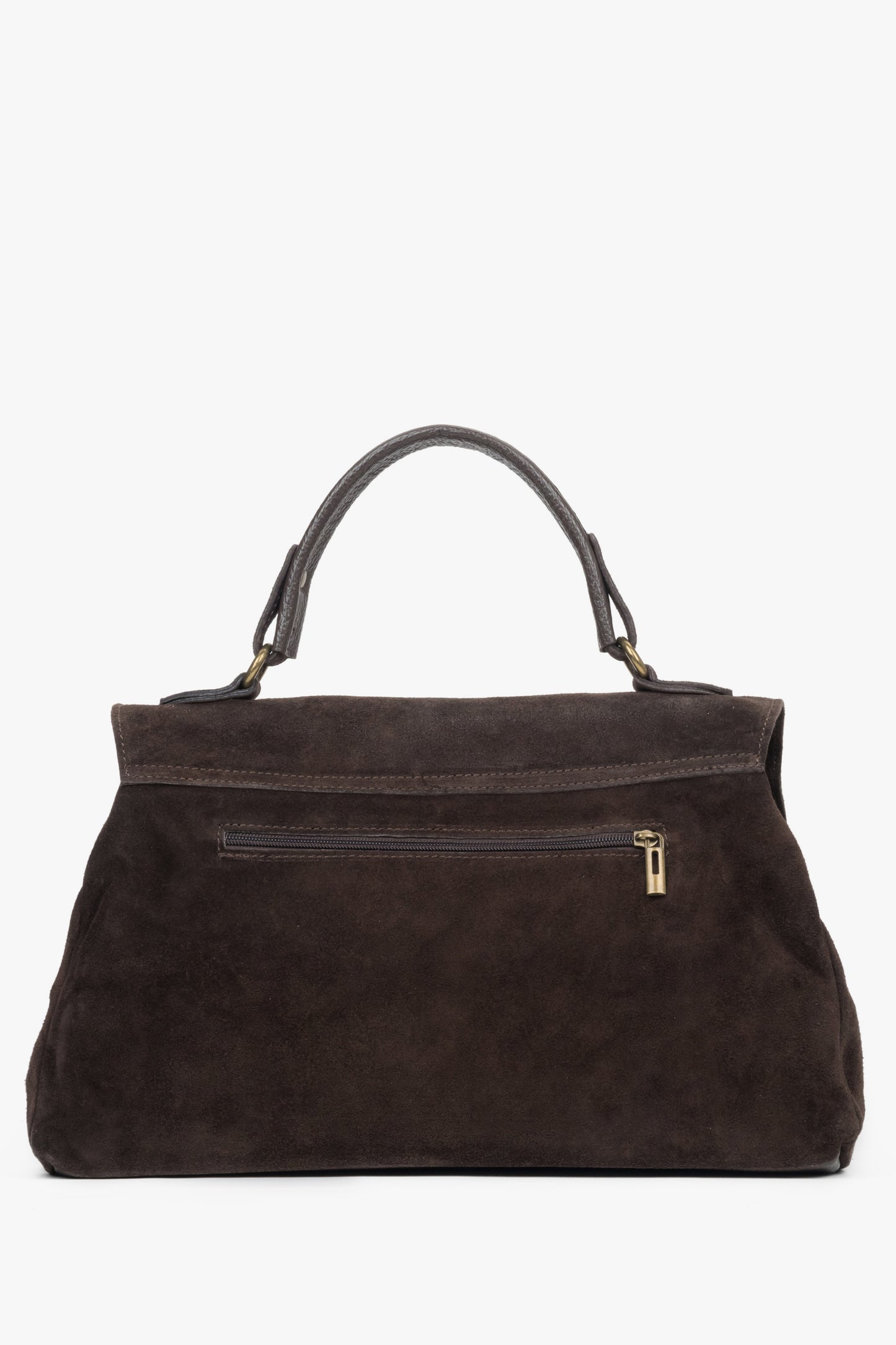 Rückwärtige Ansicht der dunkelbraunen Velours-Tasche mit Reißverschlussfach 