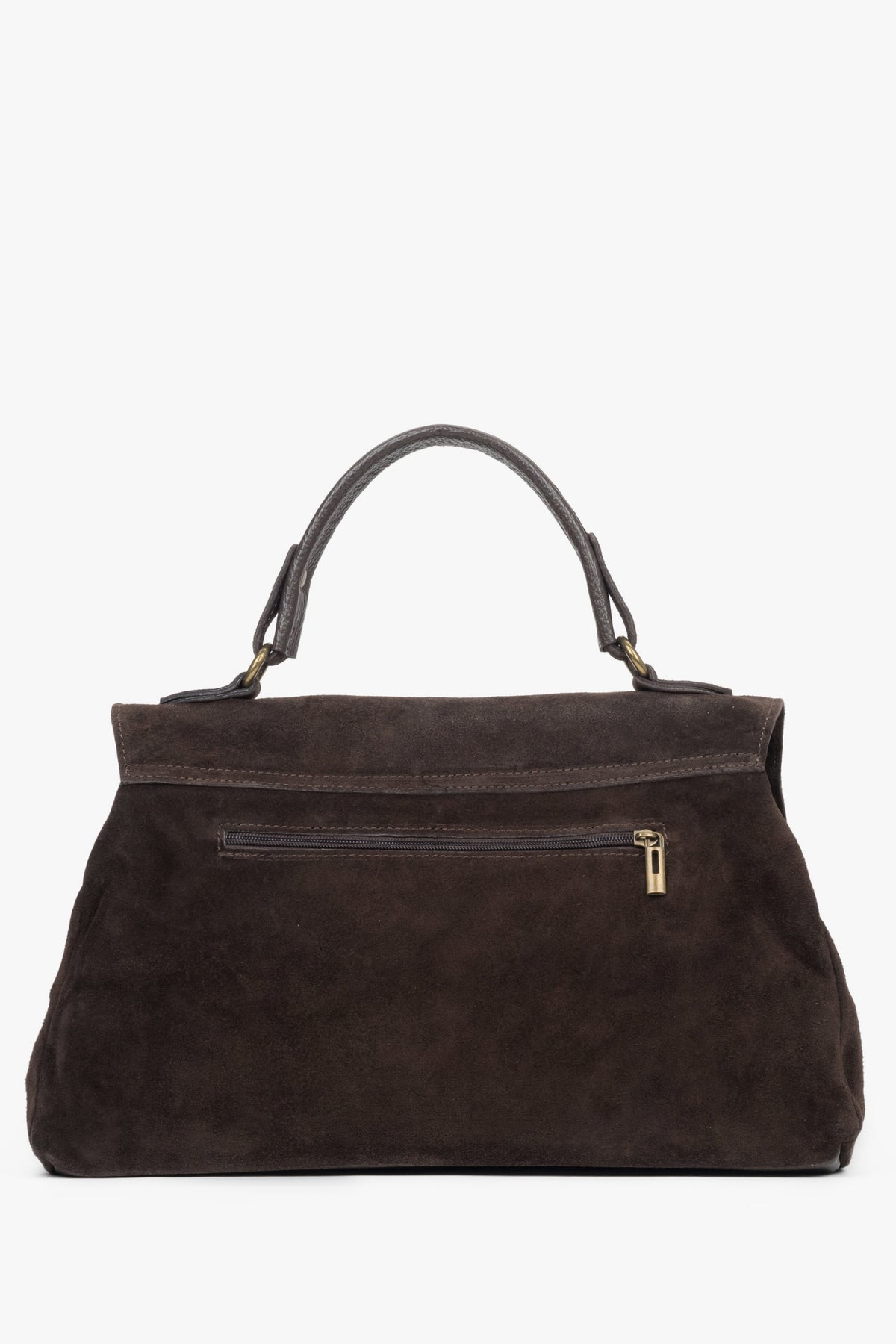 Rückwärtige Ansicht der dunkelbraunen Velours-Tasche mit Reißverschlussfach 