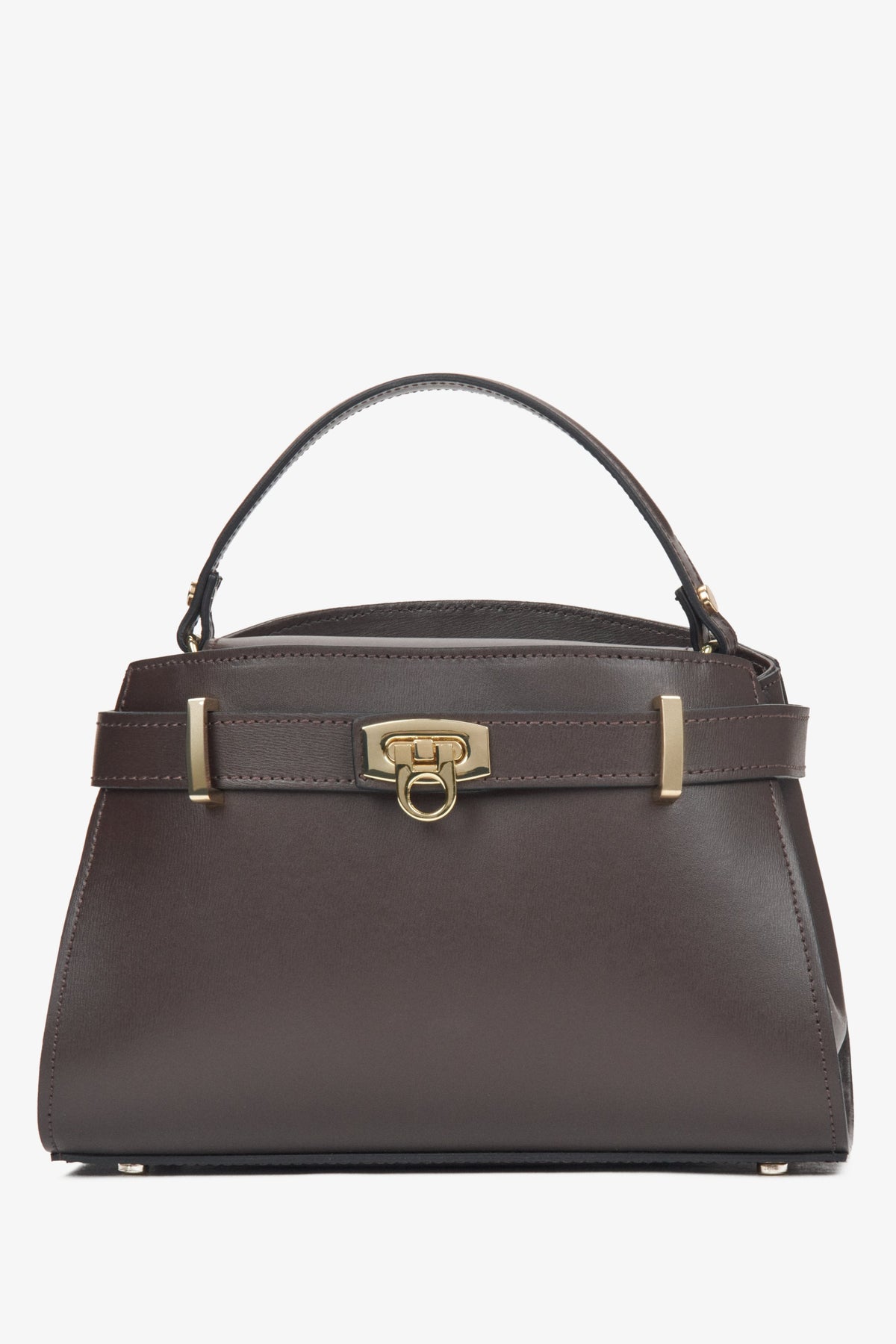 Frontale Ansicht der dunkelbraunen Leder-Handtasche mit markantem goldenen Verschluss 