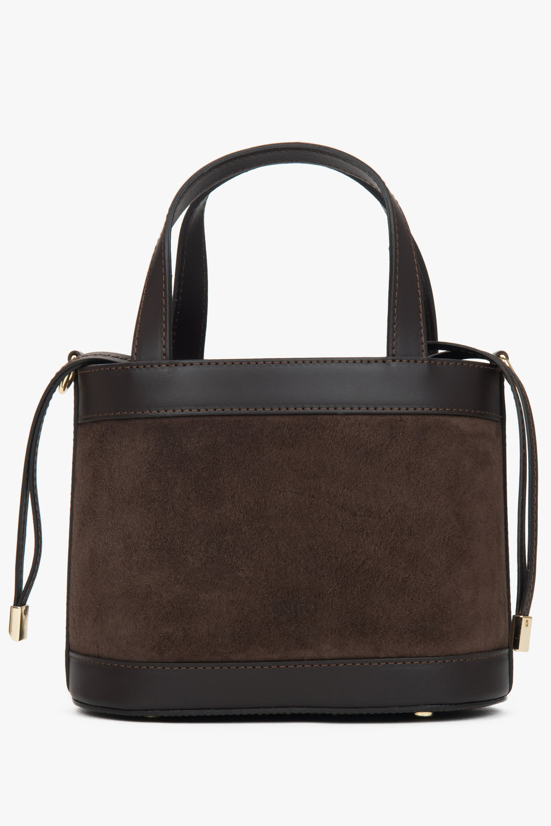 Frontansicht der dunkelbraunen Damen-Handtasche im Kuferek-Stil aus Velours und Leder