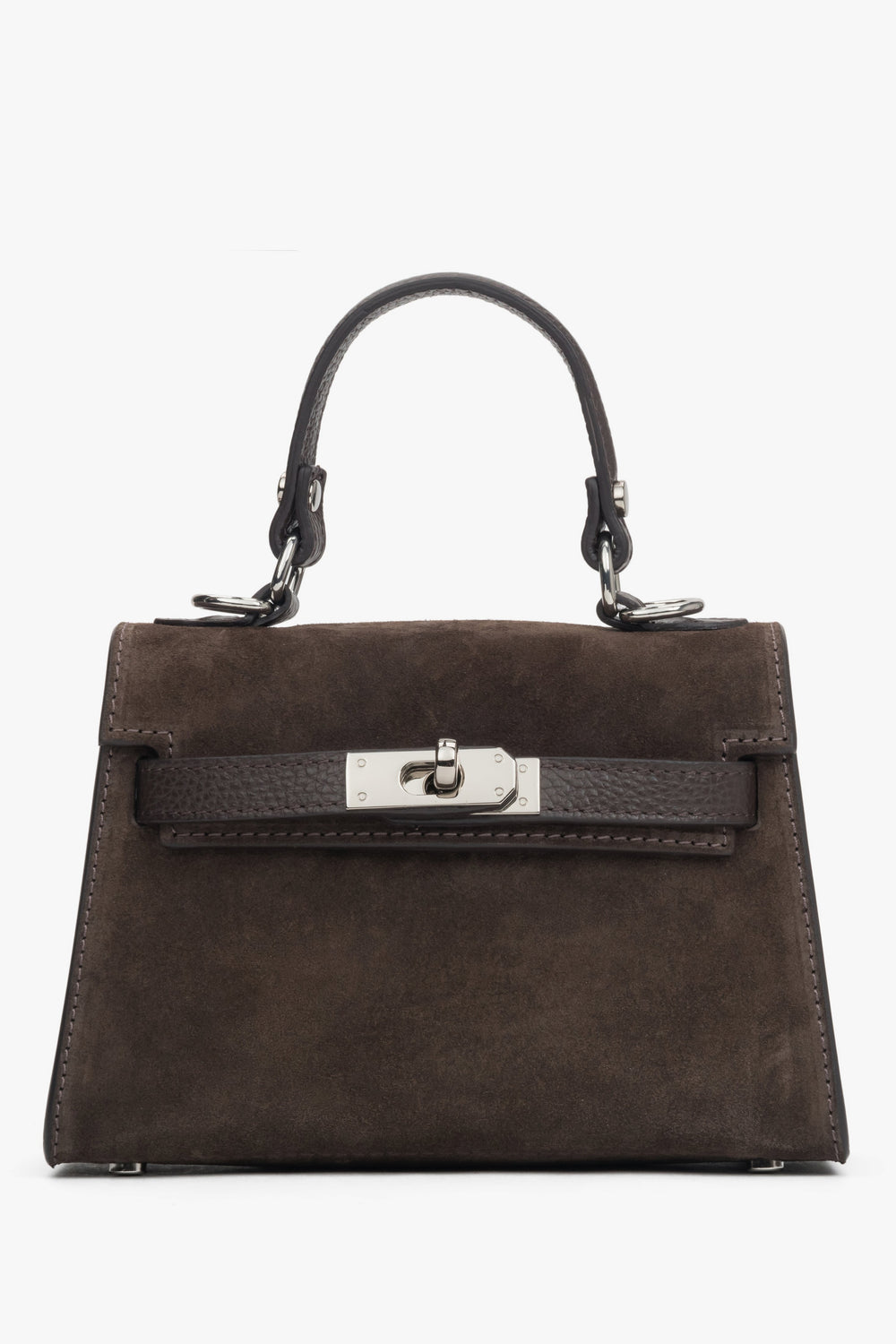 Frontansicht der dunkelbraunen Damen-Henkeltasche aus Veloursleder