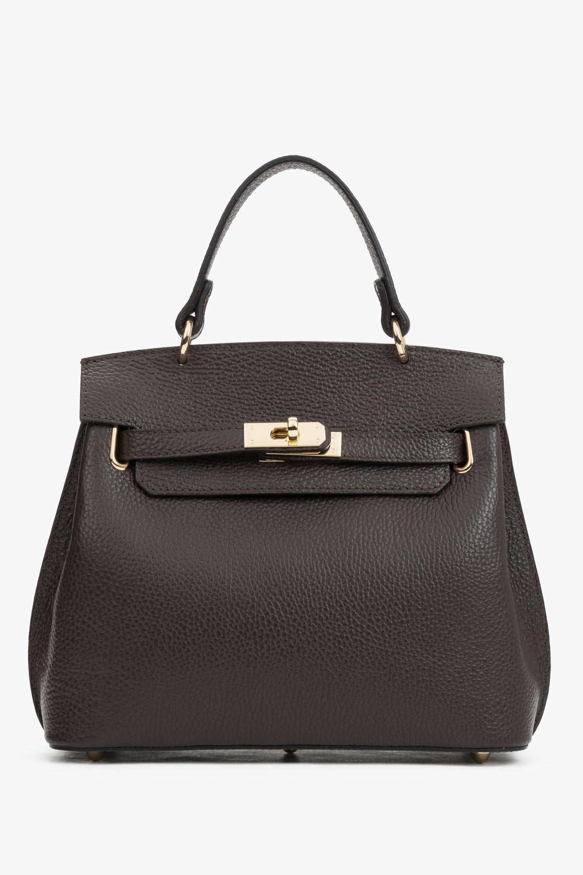 Frontale Ansicht der dunkelbraunen Leder-Henkeltasche mit elegantem Goldverschluss und strukturiertem Finish 