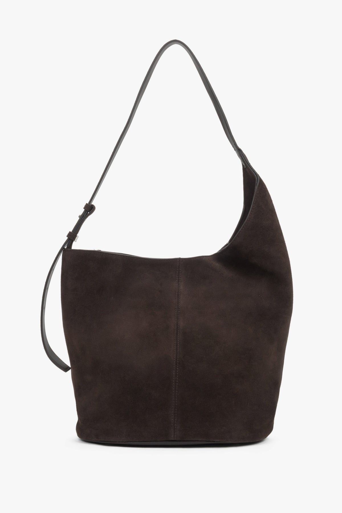 Dunkelbraune Damen-Hobo-Shopper-Tasche aus natürlichem Veloursleder in Frontalansicht