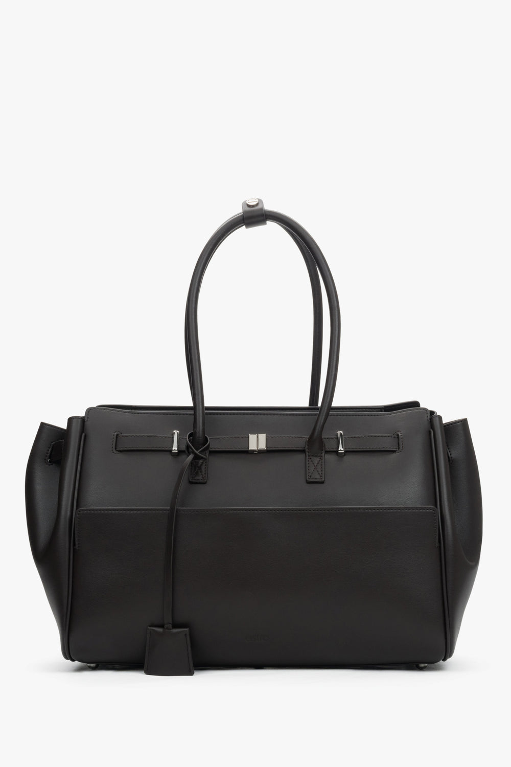 Frontalansicht der formstabilen dunkelbraunen Damen-Koffertasche aus Echtleder.