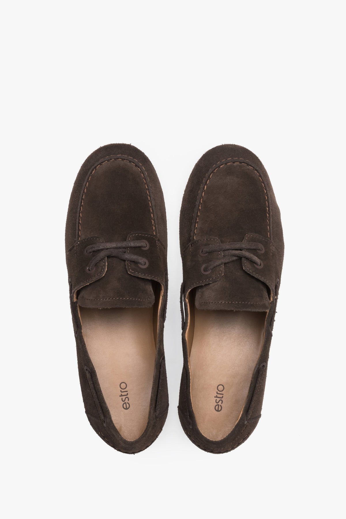 Dunkelbraune Damen-Loafer aus Premium-Veloursleder von oben als Paar