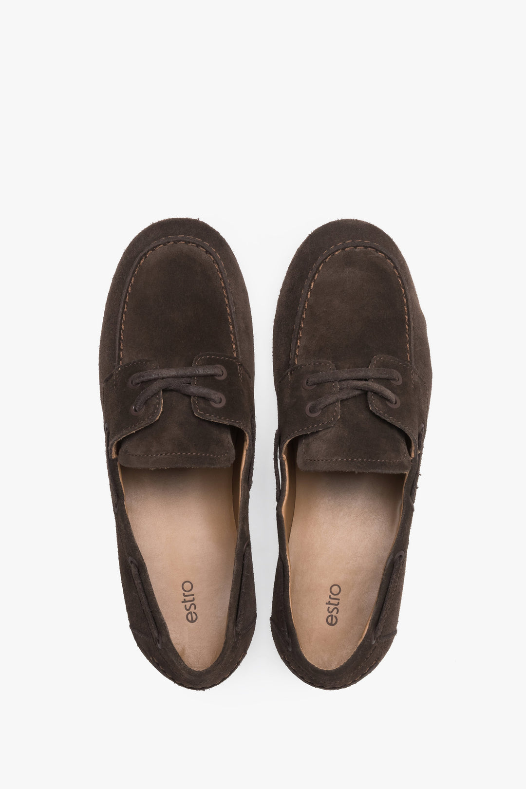 Dunkelbraune Damen-Loafer aus Premium-Veloursleder von oben als Paar