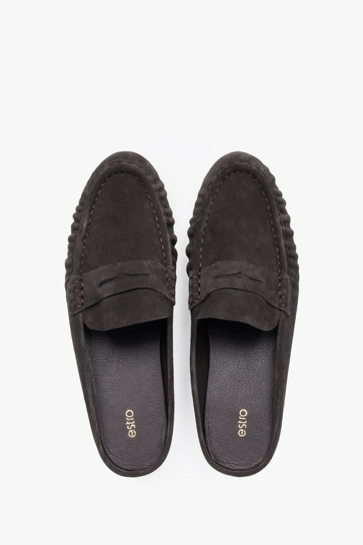 Dunkelbraune Damen-Mules aus Veloursleder von oben als Paar