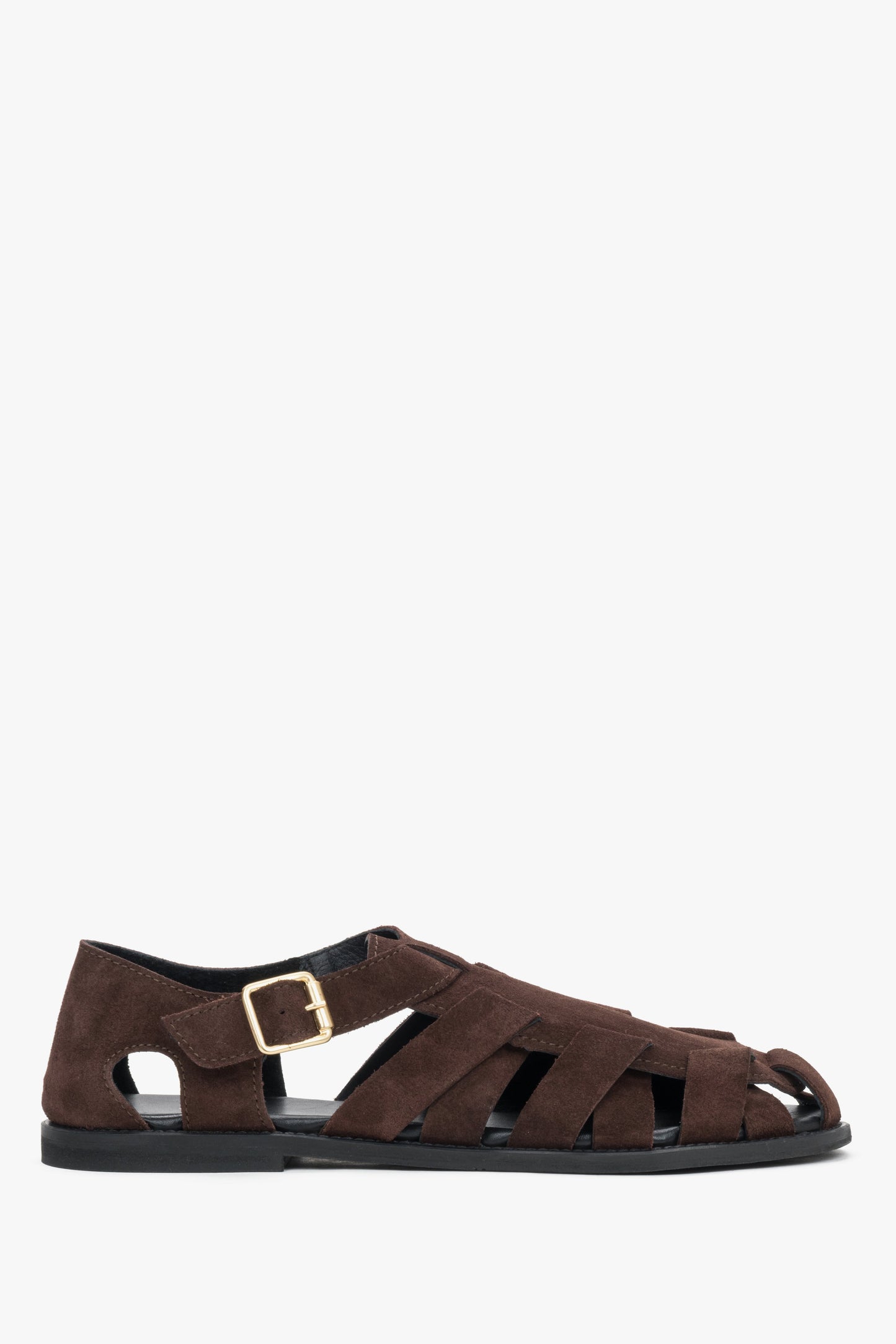 Dunkelbraune Damen-Sandalen aus natürlichem Veloursleder in seitlicher Profilansicht