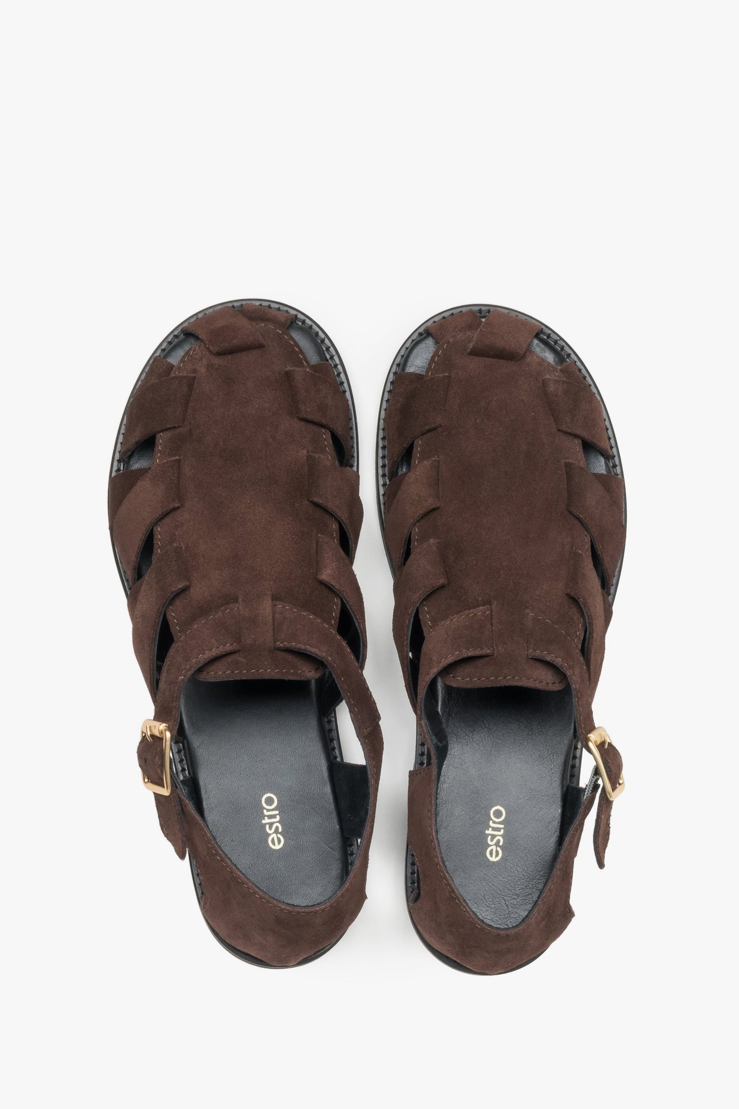 Dunkelbraune Damen-Sandalen im Fisherman-Stil von oben als Paar