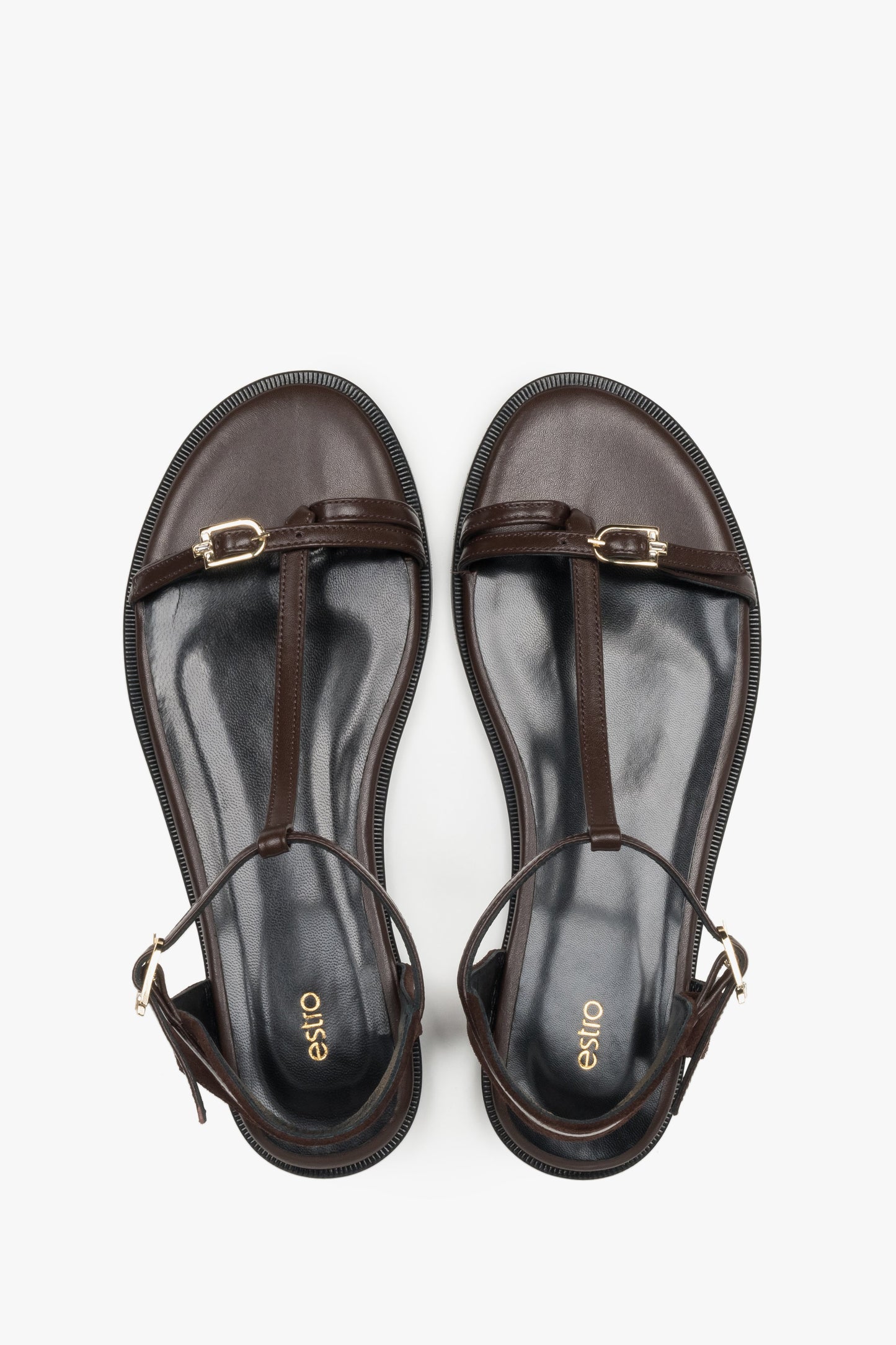Dunkelbraune Damen-Sandalen aus Leder und Veloursleder von oben mit Zehenschlaufe