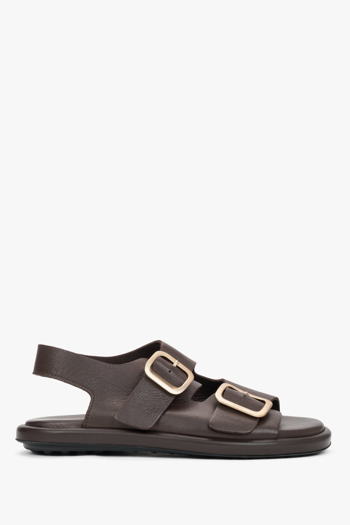 Seitenansicht der dunkelbraunen Damen-Sandalen aus Leder mit goldenen Schnallen