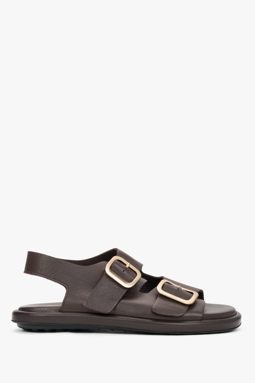 Seitenansicht der dunkelbraunen Damen-Sandalen aus Leder mit goldenen Schnallen