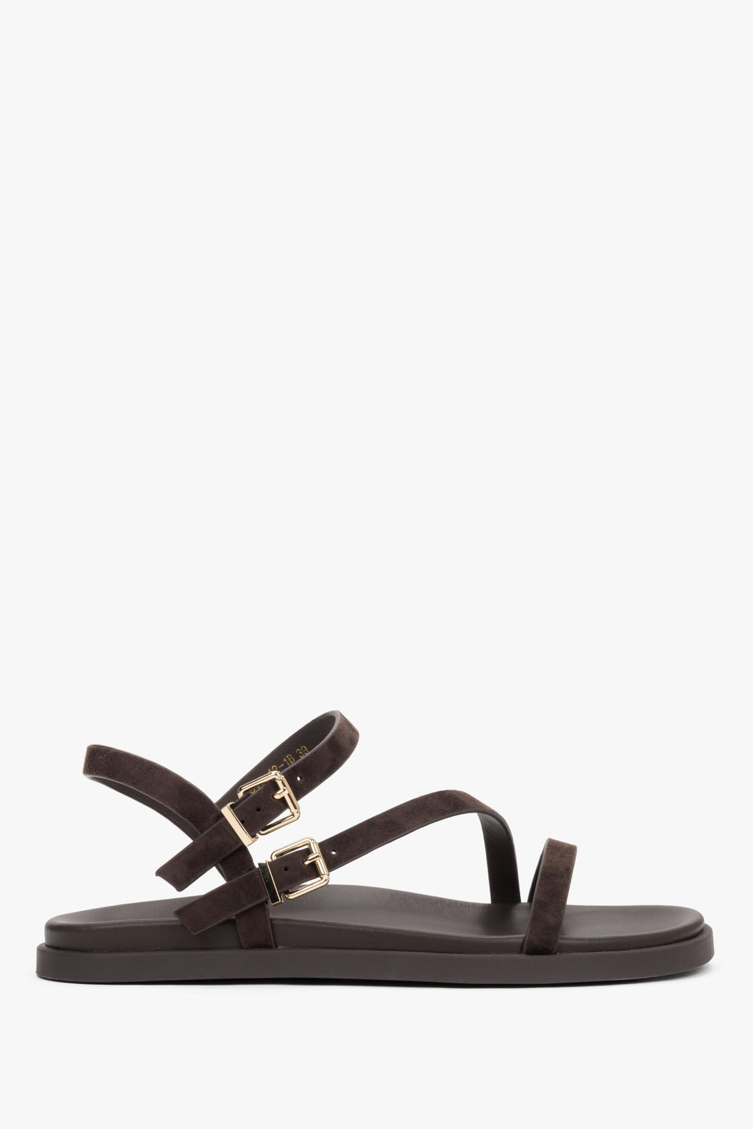 Dunkelbraune Damen-Sandalen aus Veloursleder mit dünnen Riemen und goldenen Details.