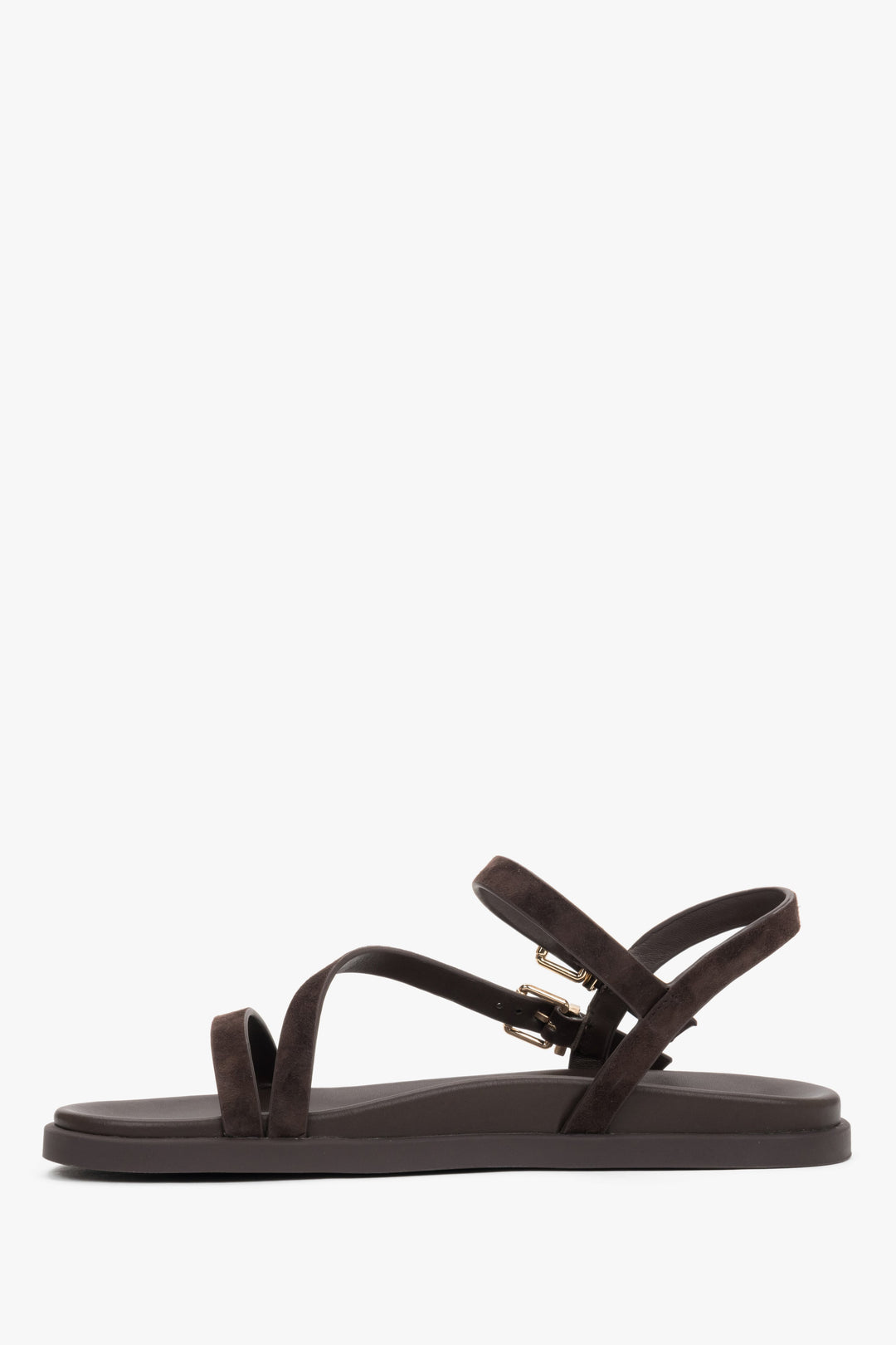 Dunkelbraune Damen-Sandalen mit zierlichen Riemen und praktischem Schnallenverschluss.