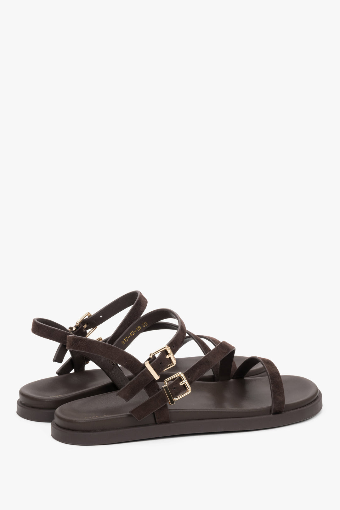 Rückansicht der eleganten dunkelbraunen Damen-Sandalen mit Gold-Akzenten.