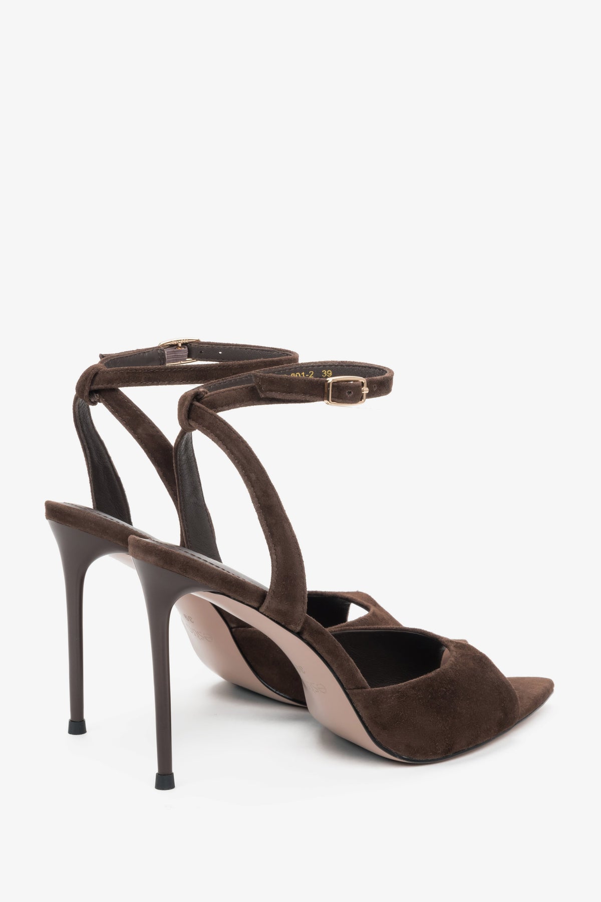 Rückansicht der dunkelbraunen Damen-Sandalen mit 10 cm Stilettoabsatz.