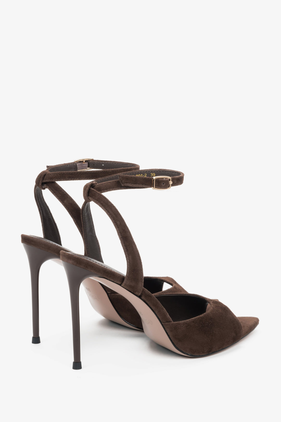 Rückansicht der dunkelbraunen Damen-Sandalen mit 10 cm Stilettoabsatz.