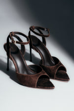 Dunkelbraune Damen-Sandalen aus Veloursleder mit Stilettoabsatz Estro ER00119474